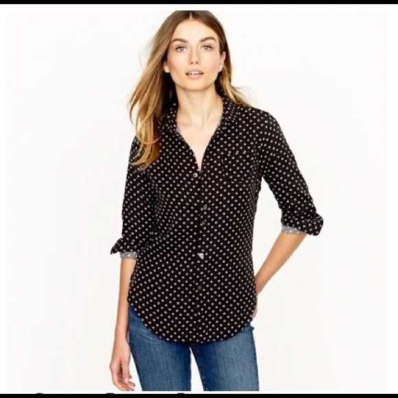 J. Crew Tops - J. Crew Polka Dot Diamond Pattern Tuxedo Front Button Down Navy Top size 10